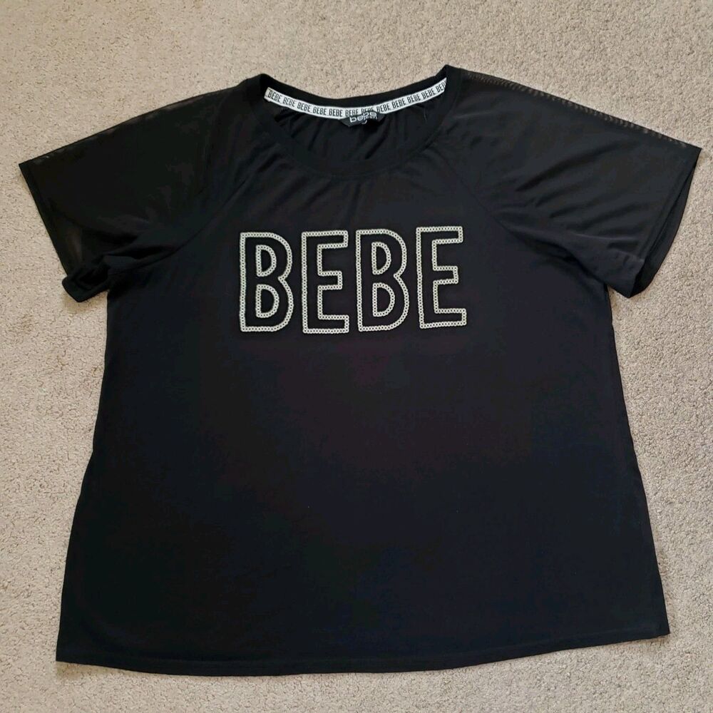 Bebe Sport Women's T-Shirt Mesh Sleeves Sequins Logo Black Size 1X